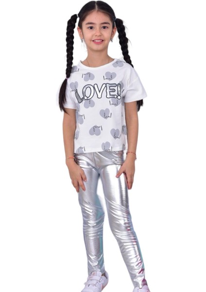 Kız Çocuk Metalik Lame Gümüş Renktaytlı Love Baskı T-Shirt 2'Li Takım fiyatları