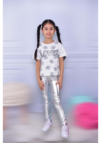Kız Çocuk Metalik Lame Gümüş Renktaytlı Love Baskı T-Shirt 2'Li Takım modelleri