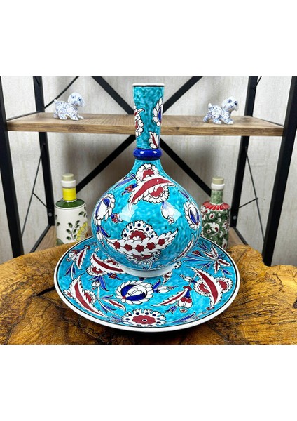 Lotus Motifli Iznik Çini Vazo Tabak Set