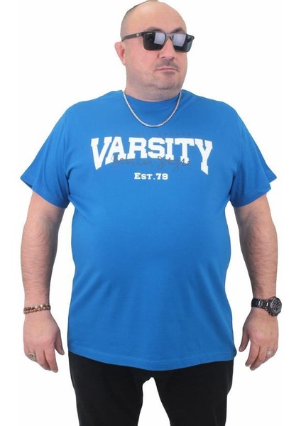 Erkek Büyük Beden Sıfır Yaka Tişört Varsity 23184 Saks