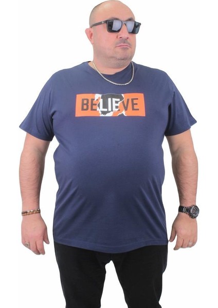 Erkek Büyük Beden Sıfır Yaka Tişört Believe 23180 Marin