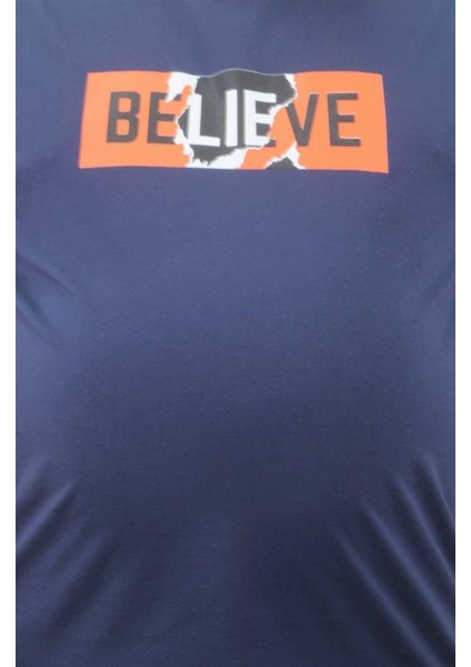 Erkek Büyük Beden Sıfır Yaka Tişört Believe 23180 Marin