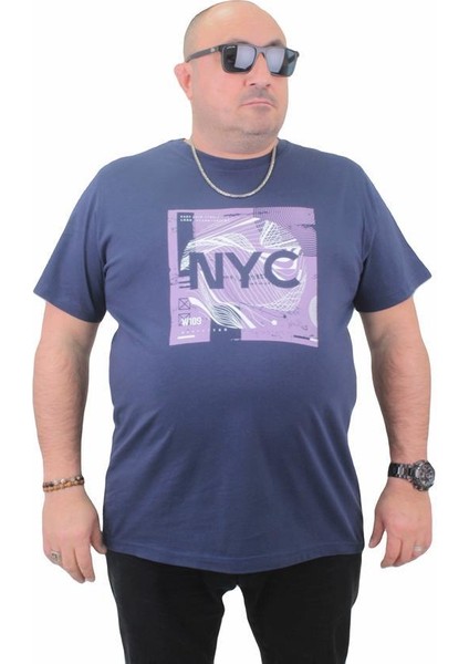 Erkek Büyük Beden Sıfır Yaka Tişört Nyc 23182 Marin