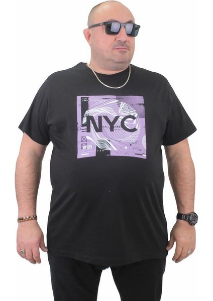 Erkek Büyük Beden Sıfır Yaka Tişört Nyc 23182 Sıyah