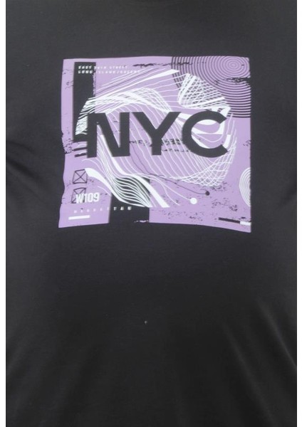 Erkek Büyük Beden Sıfır Yaka Tişört Nyc 23182 Sıyah