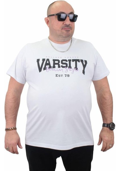 Erkek Büyük Beden Sıfır Yaka Tişört Varsity 23184 Beyaz