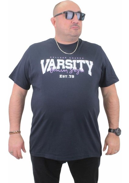 Erkek Büyük Beden Sıfır Yaka Tişört Varsity 23184 Lacıvert