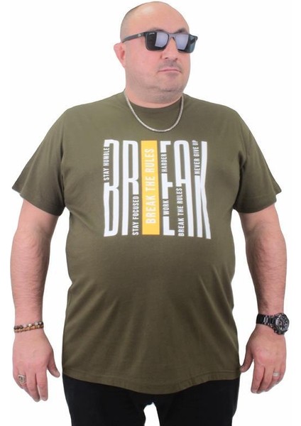 Erkek Büyük Beden Sıfır Yaka Tişört Break 23178 Askeri Yeşil