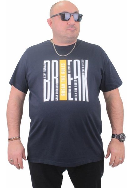 Erkek Büyük Beden Sıfır Yaka Tişört Break 23178 Lacıvert