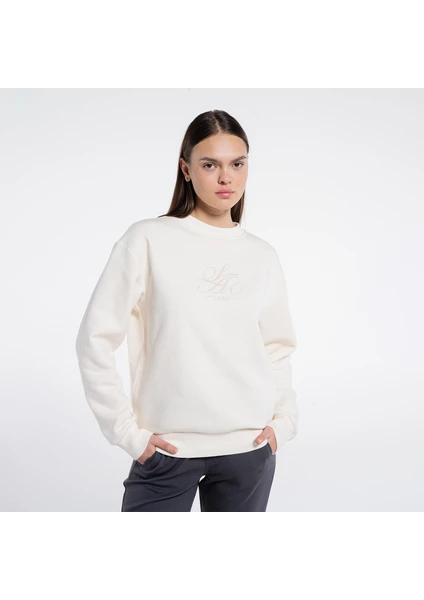 Friday Offset Dom Kadın Ekru Bisiklet Yaka Ekstra Oversize Sweatshirt - 3 Iplik