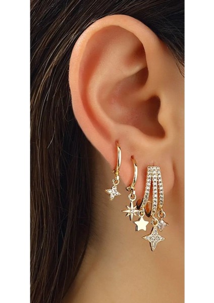 Çelik Vip Seri Kararmaz Altın Renk Yıldızlı Sarkıt Yıldızlı 3’lü Set Küpe