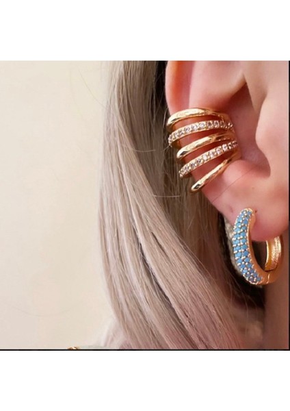 Aycha Aksesuar Gold Renkli Araları Taşlı Sıkıştırmalı Kıkırdak Küpe Ear Cuff