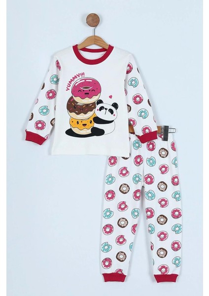 Donut Panda Basklılı Pamuk Kumaş Çocuk Pijama Takım - ENEN0001104 - Kırmızı - 5-6 Yaş