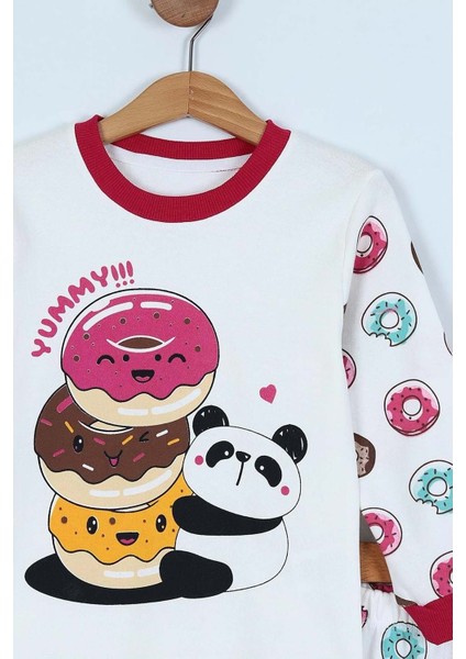 Donut Panda Basklılı Pamuk Kumaş Çocuk Pijama Takım - ENEN0001104 - Kırmızı - 5-6 Yaş