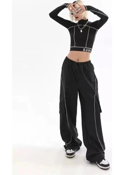 Kargo Cepli Çizgi Detaylı Siyah Wide Leg Tracksuit