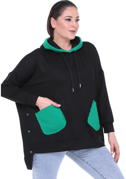 Kadın Büyük Beden Ekstra Rahat Kalıp Yeşil Cep Detaylı Siyah Sweatshirt