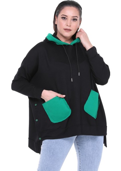 Kadın Büyük Beden Ekstra Rahat Kalıp Yeşil Cep Detaylı Siyah Sweatshirt