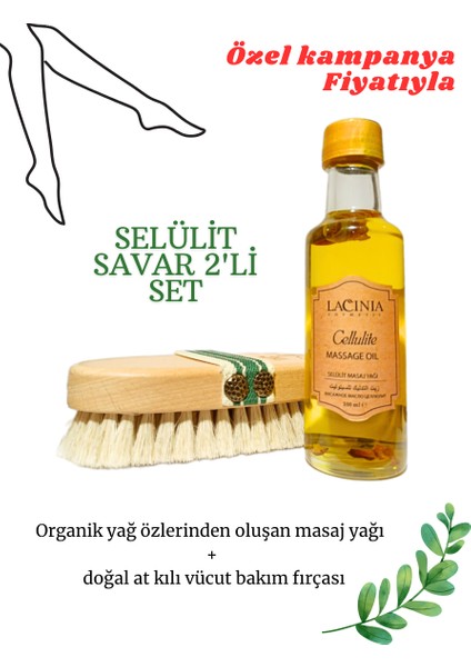 100 Ml Lacinia Selülit Masaj Yağı İle 100 Doğal At Kılı Vücut Bakım Fırçası Set