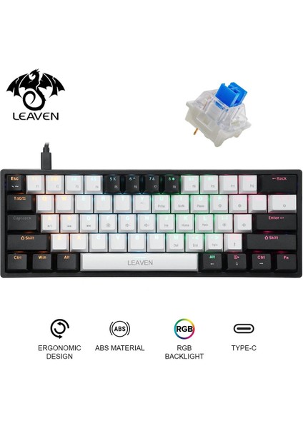 Leaven K620 -5 Blue Switch Mekanik Gaming Oyun Klavyesi Rgb 61 Key Mavi Tuş Type-C Klavye Siyah-Beyaz