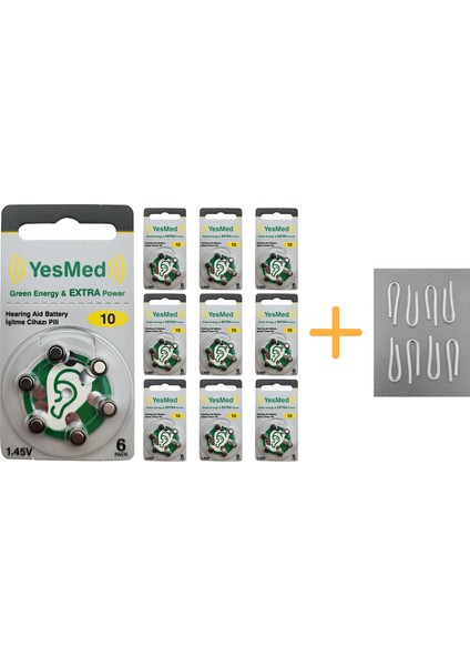 Extra Power 10 Numara Işitme Cihazı Pili (10 Paket x 6 Adet = 60 Adet Pil) + Hediye Işitme Cihazı Hortumu (8 Adet, Orta-Standart Olan Kıvrılmış Hortum), Yesmed