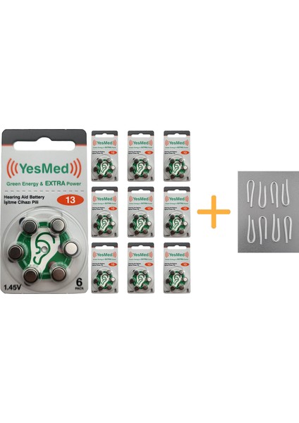 Extra Power 13 Numara Işitme Cihazı Pili (10 Paket x 6 Adet = 60 Adet Pil) + Hediye Işitme Cihazı Hortumu (8 Adet, Orta-Standart Olan Kıvrılmış Hortum), Yesmed