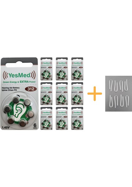 Yesmed Extra Power 312 Numara Işitme Cihazı Pili (10 Paket x 6 Adet = 60 Adet Pil) + Hediye Işitme Cihazı Hortumu (8 Adet, Orta-Standart Olan Kıvrılmış Hortum), Yesmed