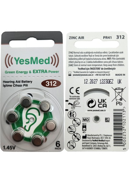 Yesmed Extra Power 312 Numara Işitme Cihazı Pili (10 Paket x 6 Adet = 60 Adet Pil) + Hediye Işitme Cihazı Hortumu (8 Adet, Orta-Standart Olan Kıvrılmış Hortum), Yesmed