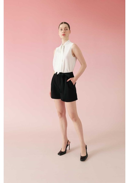 Çift Pileli Krep Şort Siyah Y2412607_001