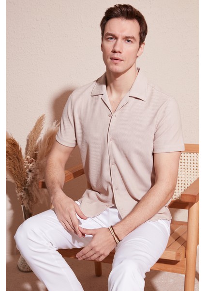 Pamuk Karışımlı Apaş Yaka Kısa Kollu Regular Fit Gömlek Erkek Gömlek CF24S115882