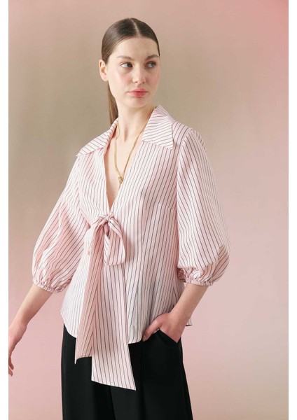 Önden Bağlamalı Balon Kol Çizgili Gömlek Standart Renk Y2413529_089