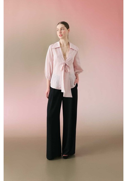 Önden Bağlamalı Balon Kol Çizgili Gömlek Standart Renk Y2413529_089 modelleri