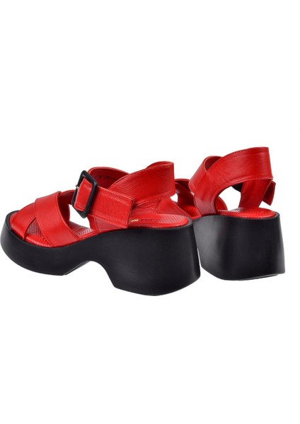 Hakiki Deri Kalın Taban Kadın Sandalet SK-42627 Kırmızı