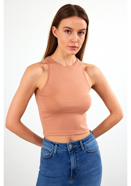 Kadın Sandra Sütlü Kahve Halter Top Crop Atlet