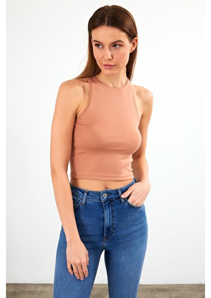 Kadın Sandra Sütlü Kahve Halter Top Crop Atlet