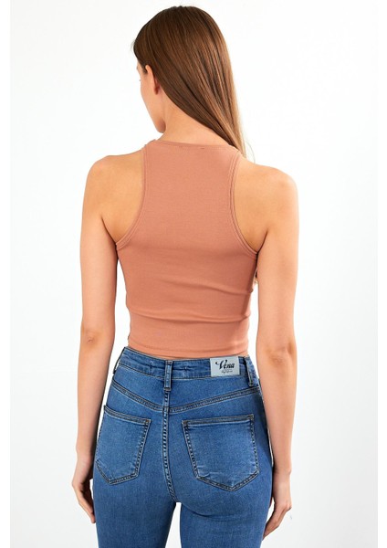 Kadın Sandra Sütlü Kahve Halter Top Crop Atlet