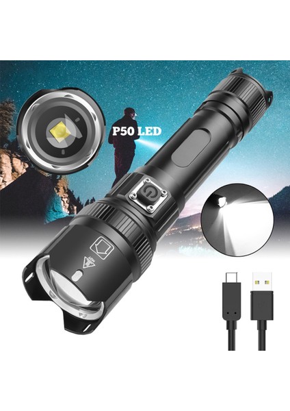 En Güçlü LED El Feneri Yüksek Güçlü Torç Işığı Şarj Edilebilir El Feneri 18650 Usb, P50 (Yurt Dışından)