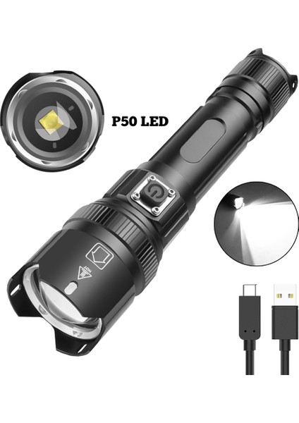 En Güçlü LED El Feneri Yüksek Güçlü Torç Işığı Şarj Edilebilir El Feneri 18650 Usb, P50 (Yurt Dışından)