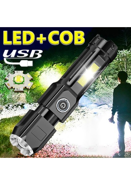 Güçlü Işık El Feneri USB Şarj Edilebilir Yakınlaştırma Lambası Taşınabilir Ev Ultra Parlak Dahili Pil Çok Fonksiyonlu Işık (Yurt Dışından)