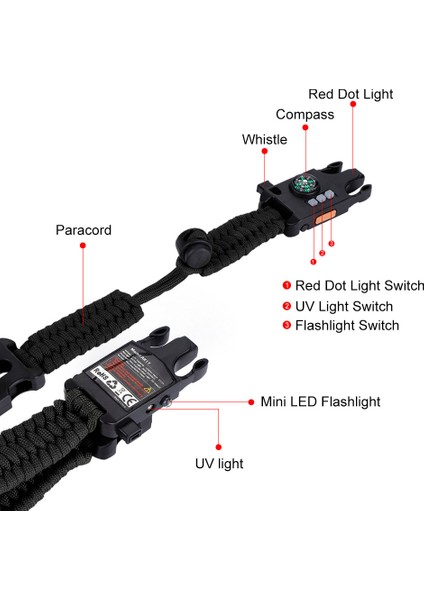 Taşınabilir Hayatta Kalma Ekipman Seti Düdük Toka Paracord LED El Feneri Pusula❤d (Yurt Dışından)