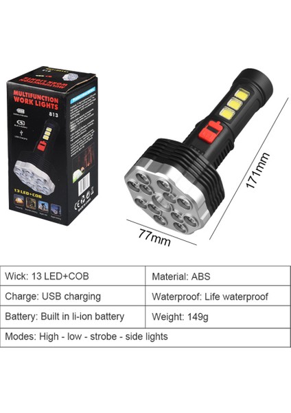 13 LED + Cob Süper Parlak El Feneri Şarj Edilebilir Dış Mekan Çok Fonksiyonlu Su Geçirmez LED Uzun Menzilli Spot Dış Mekan Gece Lambası (Yurt Dışından)