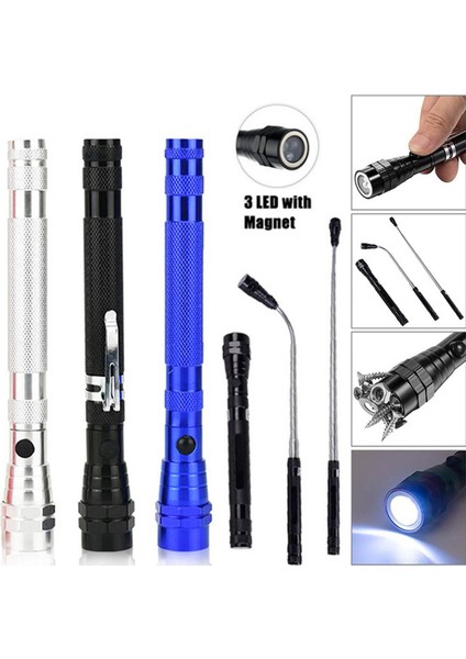 Çok Fonksiyonlu Teleskopik Esnek Boyun Teleskopik Mıknatıs Güçlü 3 LED Torch El Feneri Manyetik Lamba Işığı Alma Aracı (Yurt Dışından)