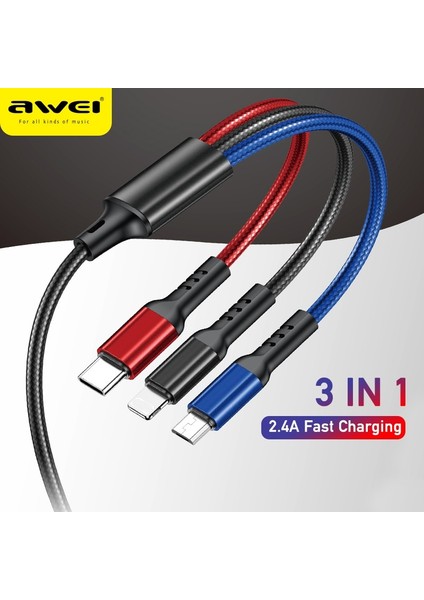 Awei CL-971 3 In 1 Tip C Hızlı Şarj Kablosu 2.4A USB Mikro Şarj Cihazı Telefon Kabloları iPhone iPad Xiaomi Huawei Için Örgülü Tel (Yurt Dışından)