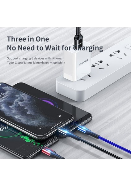 Awei CL-971 3 In 1 Tip C Hızlı Şarj Kablosu 2.4A USB Mikro Şarj Cihazı Telefon Kabloları iPhone iPad Xiaomi Huawei Için Örgülü Tel (Yurt Dışından)