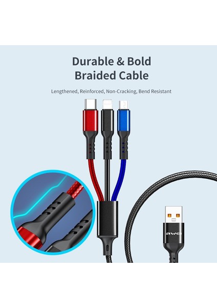 Awei CL-971 3 In 1 Tip C Hızlı Şarj Kablosu 2.4A USB Mikro Şarj Cihazı Telefon Kabloları iPhone iPad Xiaomi Huawei Için Örgülü Tel (Yurt Dışından)