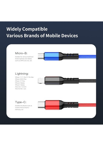 Awei CL-971 3 In 1 Tip C Hızlı Şarj Kablosu 2.4A USB Mikro Şarj Cihazı Telefon Kabloları iPhone iPad Xiaomi Huawei Için Örgülü Tel (Yurt Dışından)