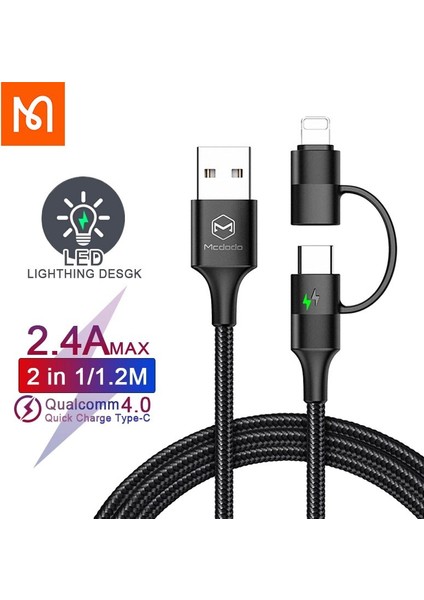 Mcdodo 2 In 1 USB Tip-C + Yıldırım Hızlı Şarj Kablosu iPhone 12 11 Pro Xs Max Xr x 8 Samsung Huawei Mobil Hızlı Şarj Cihazı (Yurt Dışından)