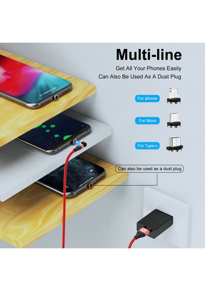 San Gold IPhone Android Telefon Şarjı Için 540 Derece Döndürme Manyetik Hızlı Şarj Kablosu Mikro USB Tip C (Yurt Dışından)