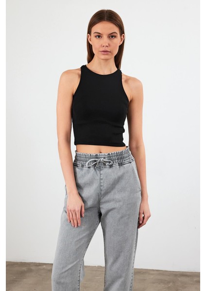 Kadın Sandra Siyah Halter Top Crop Atlet