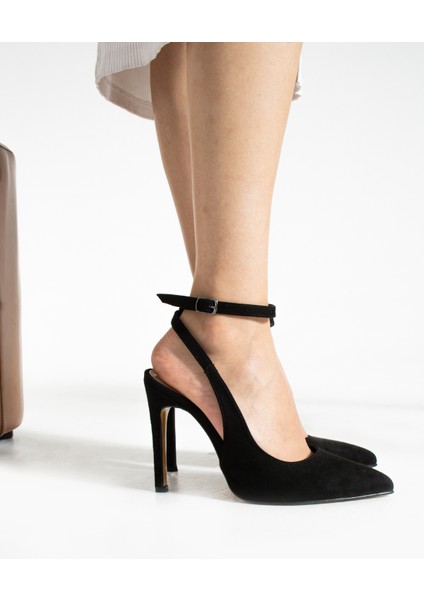 10.5 cm Siyah Süet Bilekten Bağlamalı Stiletto Topuklu Ayakkabı 2191