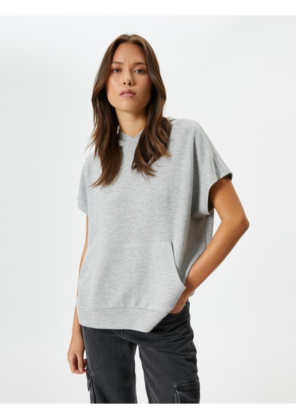 Kapşonlu Sweatshirt Kısa Kollu Kanguru Cepli Viskoz
